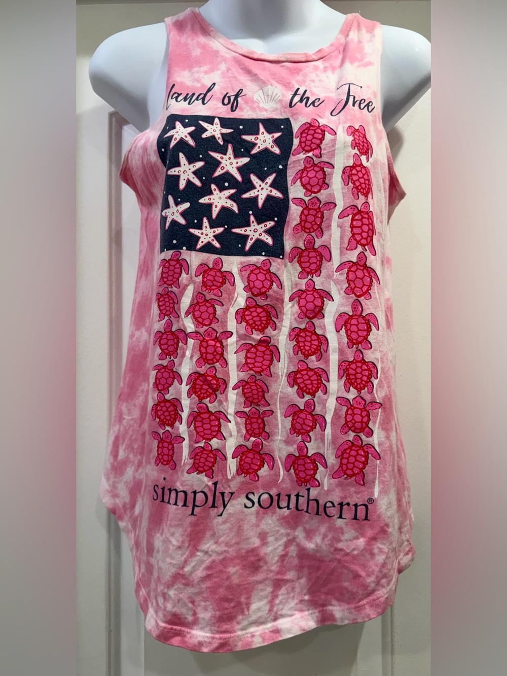 Simply Southern Pink Tye Dye Americano Sea Turtle Starfish Tank Top Size Small